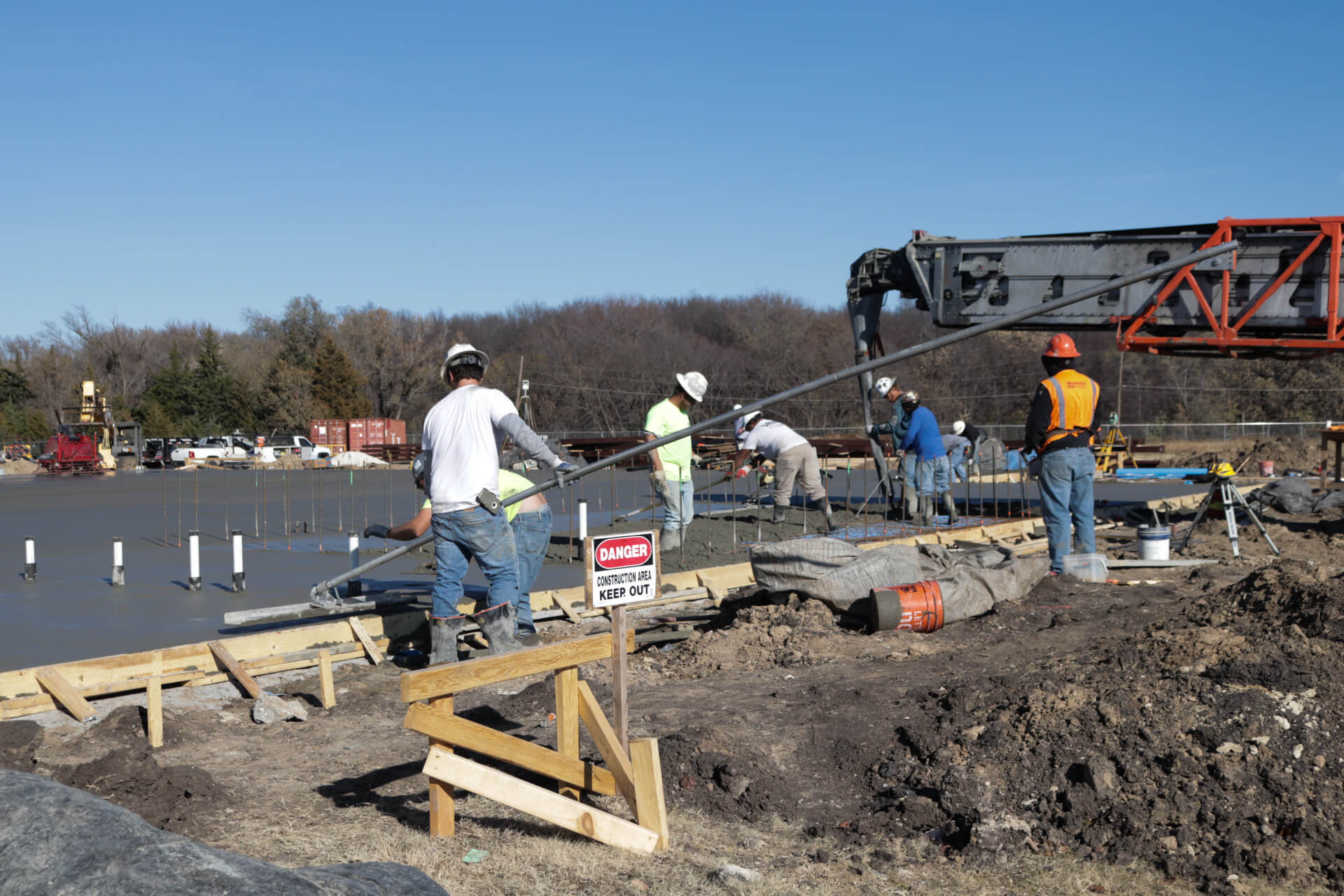 Pouring the Powder Coat concrete flooring. This will use 25 concrete trucks to complete.